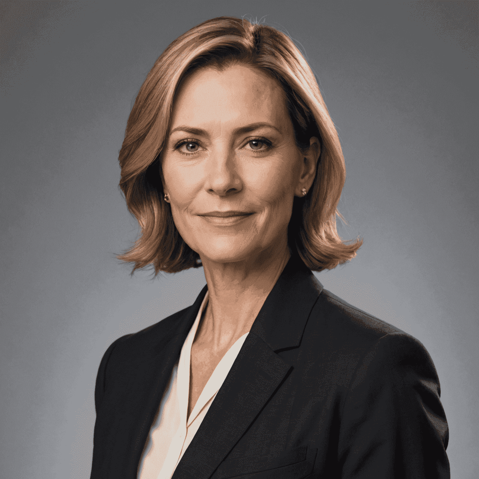 Headshot of the founder and CEO, a professional-looking woman in her 40s wearing a suit