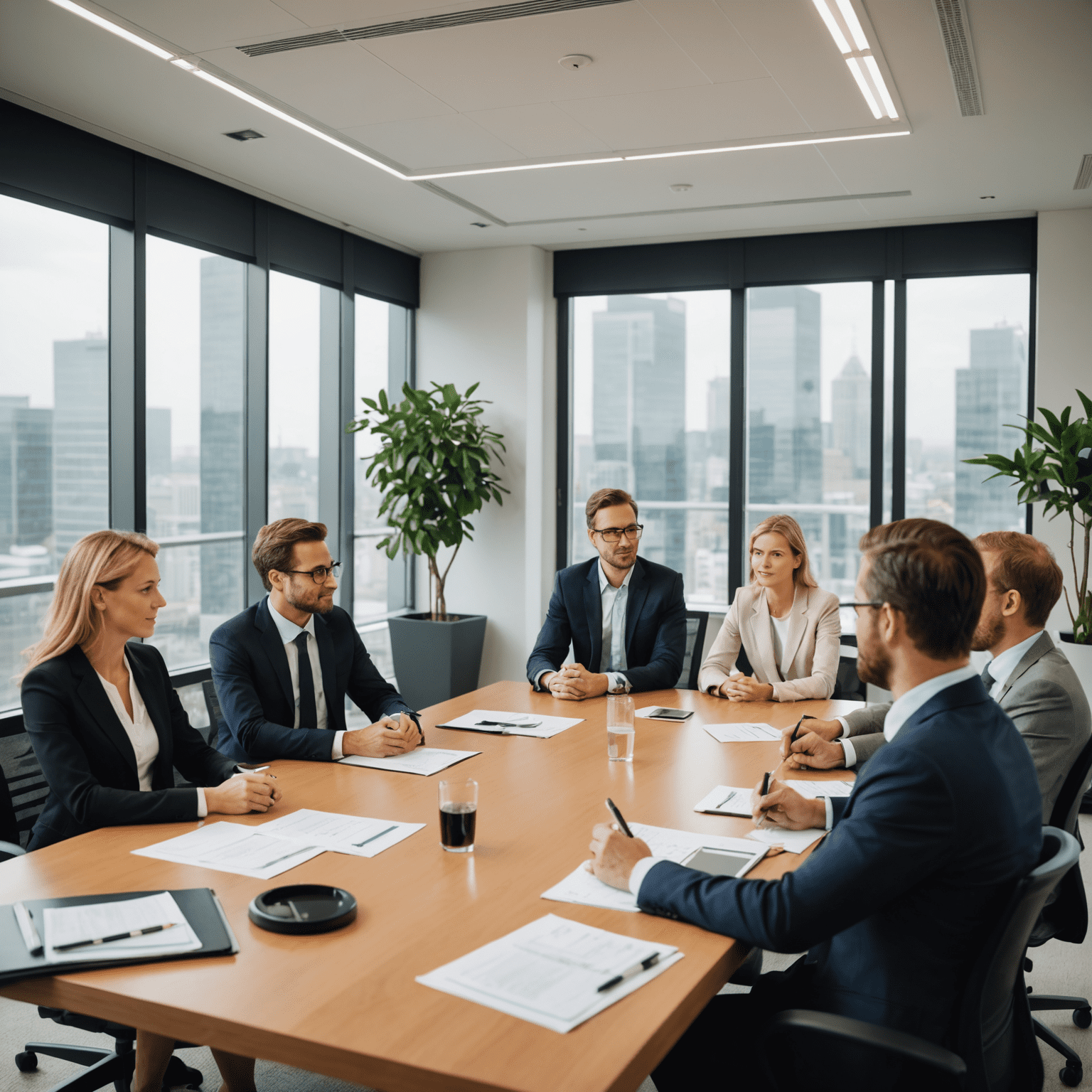 A group of professional business consultants in a meeting room, discussing sustainability strategies and solutions for their clients.