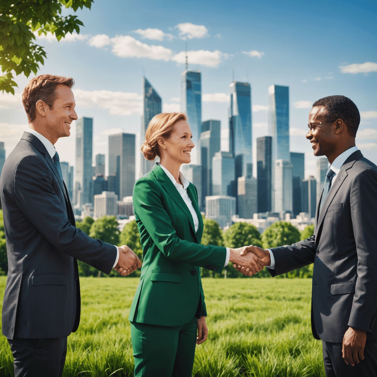 Businesspeople shaking hands in front of a green city skyline, symbolizing sustainable business practices