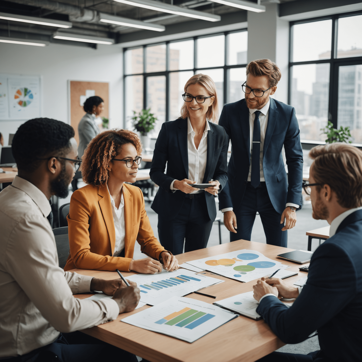 A group of business professionals discussing sustainability strategies in a modern office setting