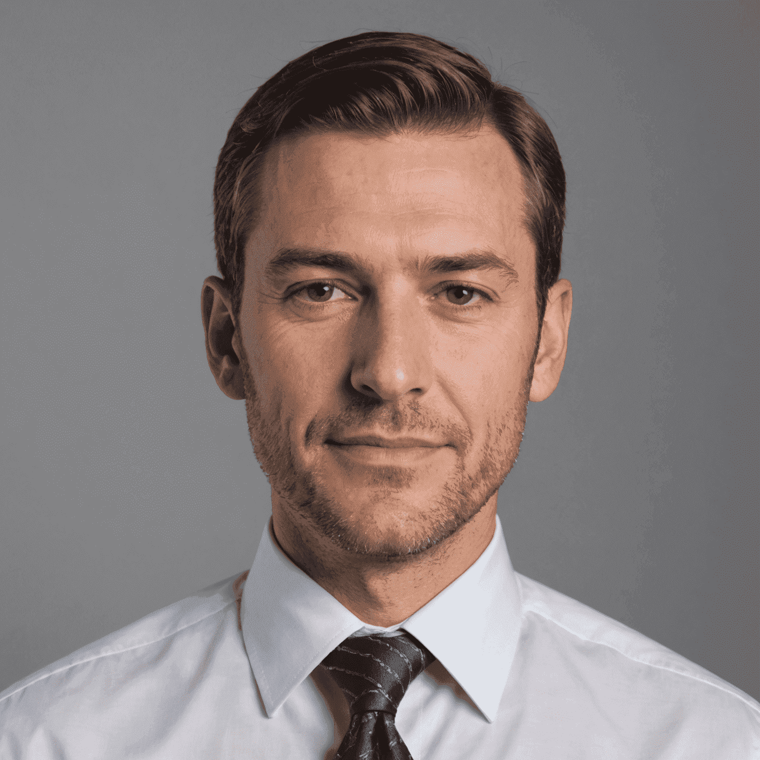 Headshot of a senior consultant, a man in his 30s wearing a dress shirt and tie