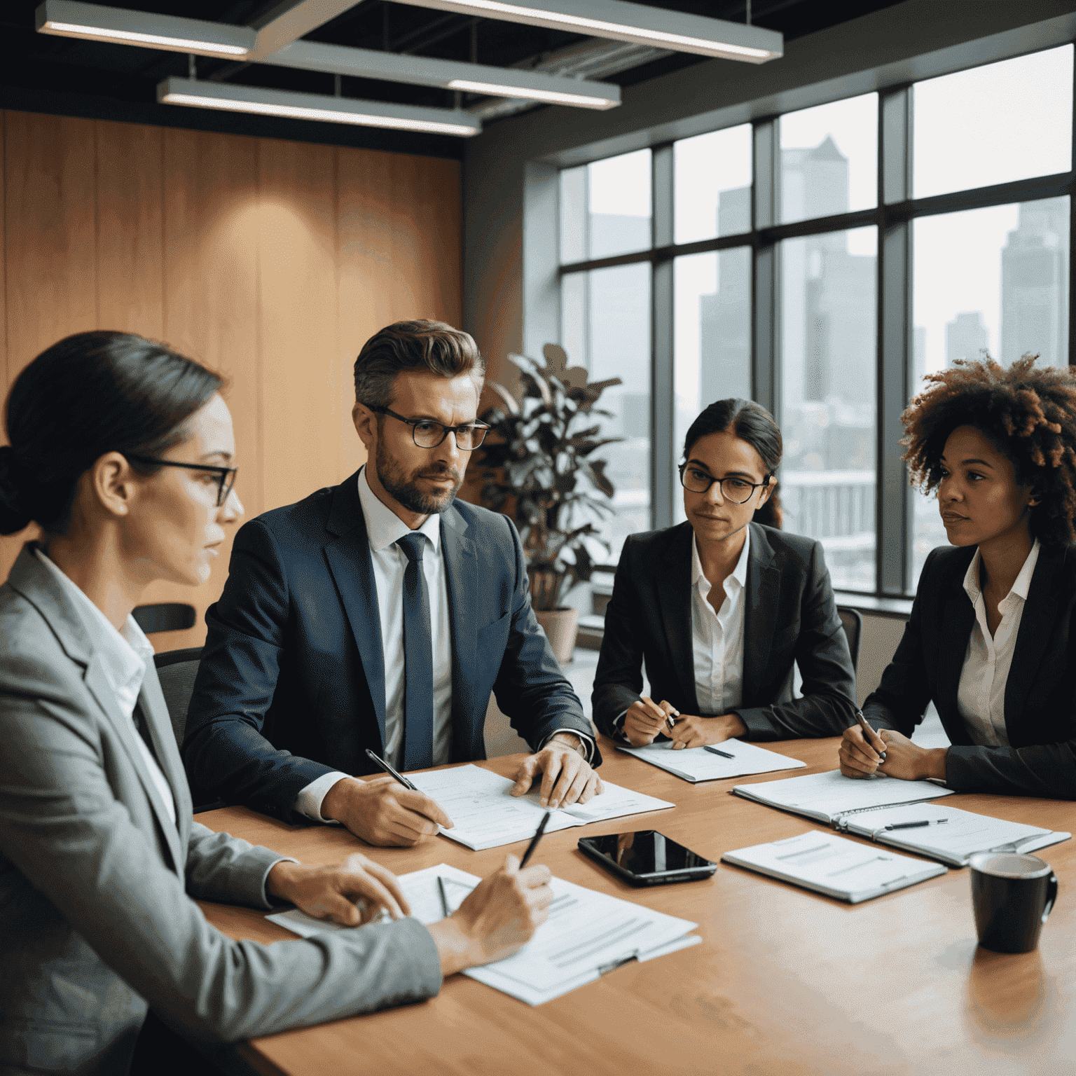 A group of business professionals discussing sustainability strategies in a meeting room