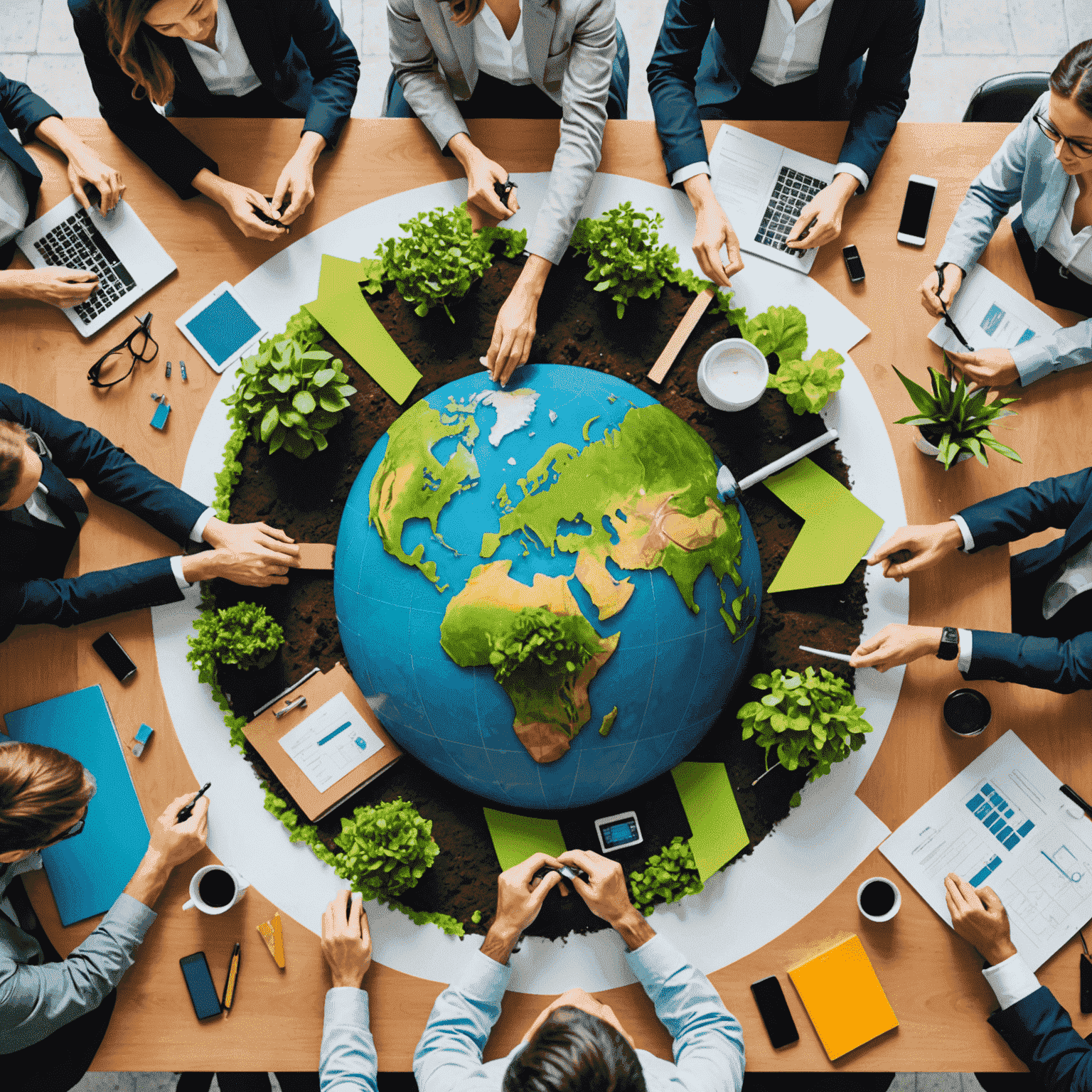 An image showing a team of professionals working together to implement sustainable practices in their organization, such as reducing waste, conserving energy, and promoting eco-friendly initiatives.