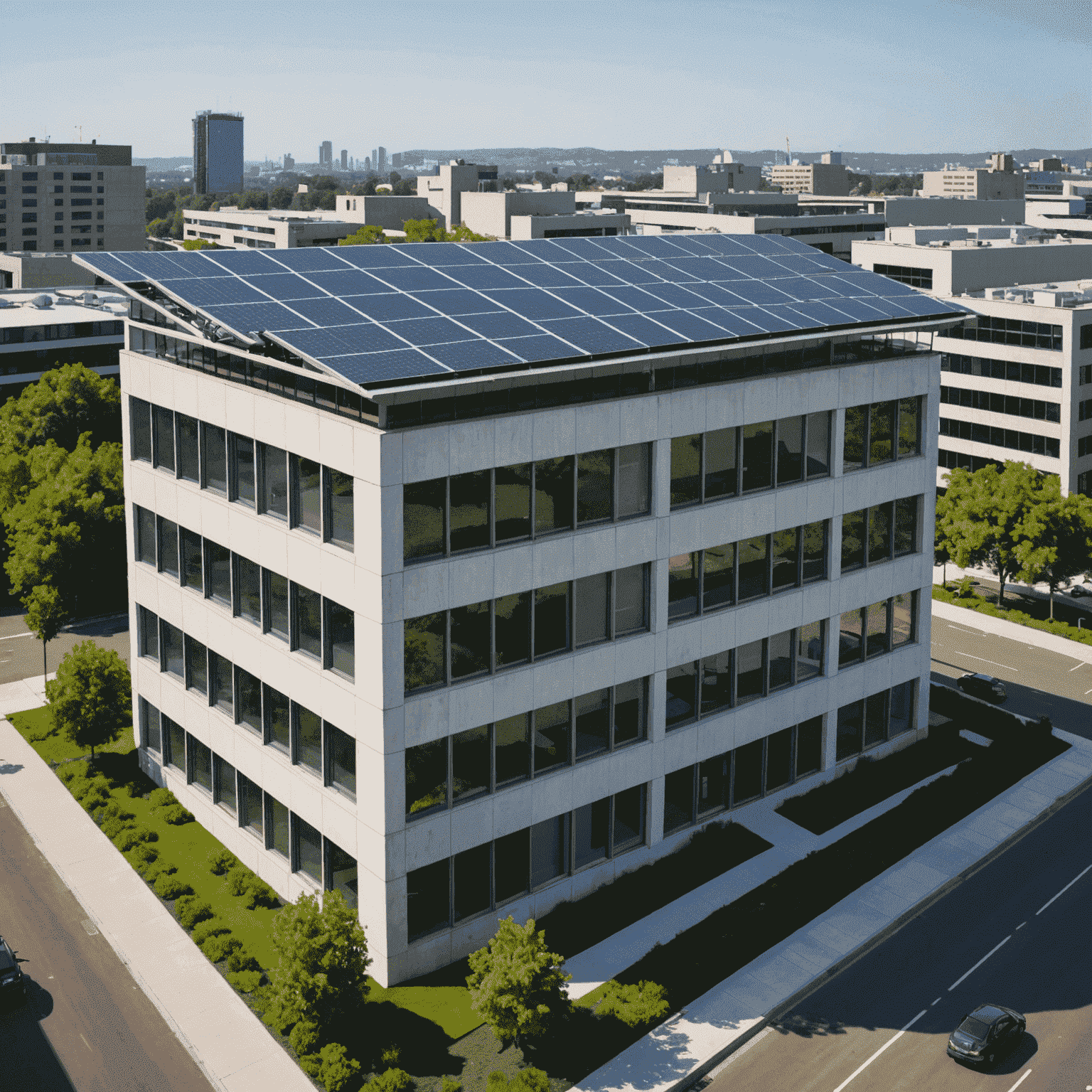 An office building with solar panels installed on the roof, showcasing sustainable energy practices