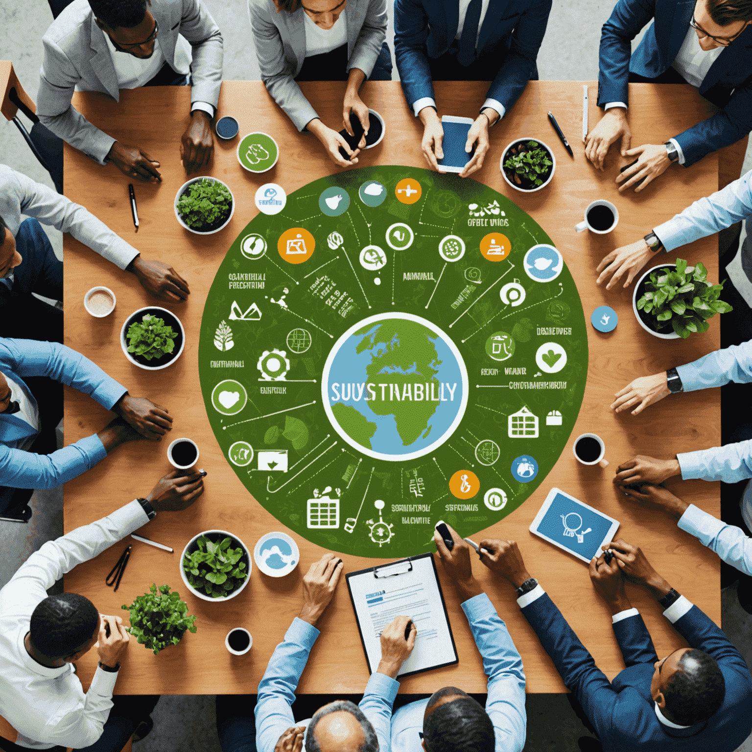 An image showing diverse stakeholders, such as employees, customers, investors, and community members, collaborating on sustainability initiatives and working towards a common goal.